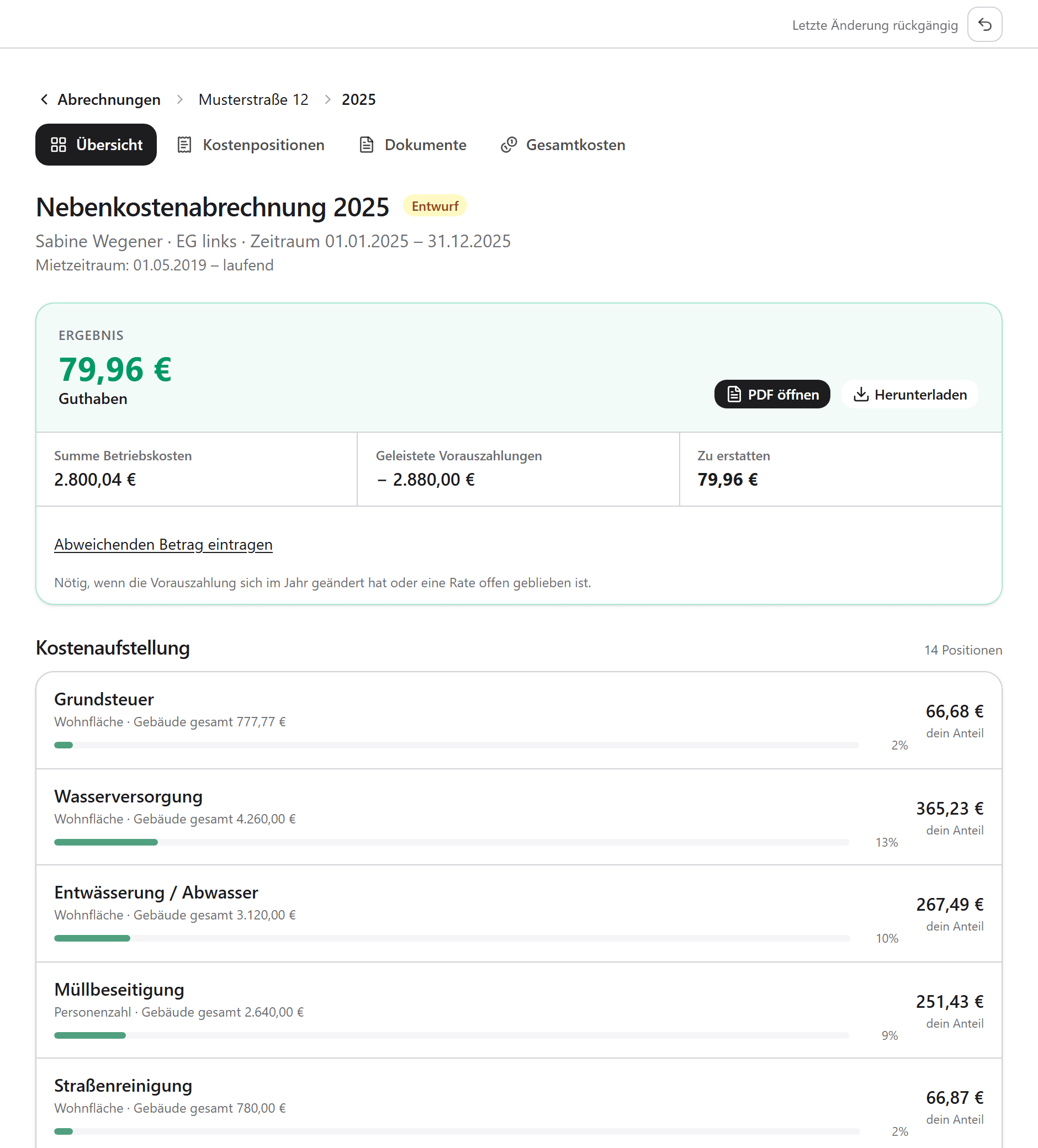 Einzelabrechnung eines Mieters in lefymmo: Ergebnis als Guthaben, daneben Summe der Betriebskosten und geleistete Vorauszahlungen, darunter die Kostenaufstellung mit Verteilerschlüssel, Gebäudesumme und Anteil je Position.